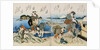 Kakuban Surimono Diptych Women and Boys Gathering Clams on the Seashore Near Enoshima by Katsushika Taito II