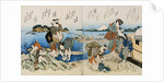 Kakuban Surimono Diptych Women and Boys Gathering Clams on the Seashore Near Enoshima by Katsushika Taito II