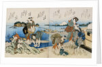 Kakuban Surimono Diptych Women and Boys Gathering Clams on the Seashore Near Enoshima by Katsushika Taito II
