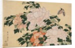 Pink and Red Peonies Blown to the Left in a Breeze and a Butterfly by HOKUSAI