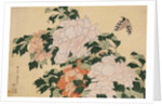 Pink and Red Peonies Blown to the Left in a Breeze and a Butterfly by HOKUSAI