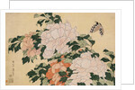 Pink and Red Peonies Blown to the Left in a Breeze and a Butterfly by HOKUSAI