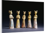A Group of Five Painted Straw-Glazed Pottery Figures of Female Attendants, Tang Dynasty by Anonymous