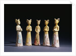 A Group of Five Painted Straw-Glazed Pottery Figures of Female Attendants, Tang Dynasty by Anonymous