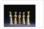 A Group of Five Painted Straw-Glazed Pottery Figures of Female Attendants, Tang Dynasty by Anonymous