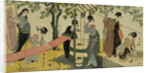 A Triptych of Girls Washing and Stretching Cloth Under the Trees by Toyokuni