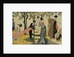 A Triptych of Girls Washing and Stretching Cloth Under the Trees by Toyokuni