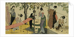 A Triptych of Girls Washing and Stretching Cloth Under the Trees by Toyokuni
