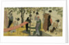 A Triptych of Girls Washing and Stretching Cloth Under the Trees by Toyokuni