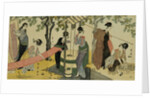 A Triptych of Girls Washing and Stretching Cloth Under the Trees by Toyokuni