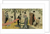 A Triptych of Girls Washing and Stretching Cloth Under the Trees by Toyokuni