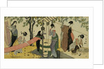 A Triptych of Girls Washing and Stretching Cloth Under the Trees by Toyokuni