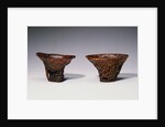 Two Chinese Rhinoceros Horn Libation Cups with Carved Designs by Anonymous