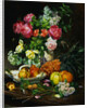 Painting of Roses in a Vase, Pears in a Porcelain Bowl and Fruit on an Oak Table by Anonymous