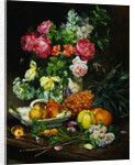 Painting of Roses in a Vase, Pears in a Porcelain Bowl and Fruit on an Oak Table by Anonymous