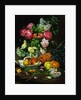 Painting of Roses in a Vase, Pears in a Porcelain Bowl and Fruit on an Oak Table by Anonymous