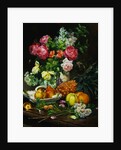 Painting of Roses in a Vase, Pears in a Porcelain Bowl and Fruit on an Oak Table by Anonymous
