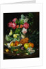 Painting of Roses in a Vase, Pears in a Porcelain Bowl and Fruit on an Oak Table by Anonymous