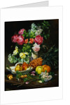 Painting of Roses in a Vase, Pears in a Porcelain Bowl and Fruit on an Oak Table by Anonymous
