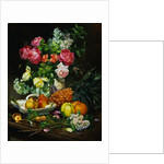 Painting of Roses in a Vase, Pears in a Porcelain Bowl and Fruit on an Oak Table by Anonymous