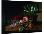 Painting of a Lily of the Valley, Tulips, Primula and Other Flowers on a Ledge by Hanne Hellesen