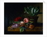 Painting of a Lily of the Valley, Tulips, Primula and Other Flowers on a Ledge by Hanne Hellesen