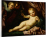 The Infant Christ Reclining Before a Red Curtain, with Two Angels by Giovanni Andrea Sirani