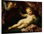 The Infant Christ Reclining Before a Red Curtain, with Two Angels by Giovanni Andrea Sirani
