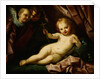 The Infant Christ Reclining Before a Red Curtain, with Two Angels by Giovanni Andrea Sirani
