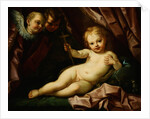 The Infant Christ Reclining Before a Red Curtain, with Two Angels by Giovanni Andrea Sirani