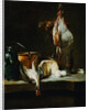A Ray-Fish, a Basket of Onions, a Green Jug, a Copper Pot, a Chicken, a Wheel of Cheese, Eggs and a Mortar and Pestle on a Stone Ledge by 18th Century French Artist by Anonymous
