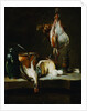 A Ray-Fish, a Basket of Onions, a Green Jug, a Copper Pot, a Chicken, a Wheel of Cheese, Eggs and a Mortar and Pestle on a Stone Ledge by 18th Century French Artist by Anonymous