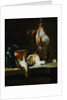 A Ray-Fish, a Basket of Onions, a Green Jug, a Copper Pot, a Chicken, a Wheel of Cheese, Eggs and a Mortar and Pestle on a Stone Ledge by 18th Century French Artist by Anonymous