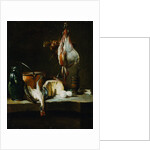 A Ray-Fish, a Basket of Onions, a Green Jug, a Copper Pot, a Chicken, a Wheel of Cheese, Eggs and a Mortar and Pestle on a Stone Ledge by 18th Century French Artist by Anonymous