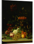 Peonies, Dahlias, an Epergne of Plums, Apples, Grapes, Other Flowers and Melons on a Stone Ledge by Jan Frans Van Dael