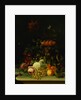 Peonies, Dahlias, an Epergne of Plums, Apples, Grapes, Other Flowers and Melons on a Stone Ledge by Jan Frans Van Dael