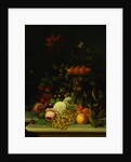 Peonies, Dahlias, an Epergne of Plums, Apples, Grapes, Other Flowers and Melons on a Stone Ledge by Jan Frans Van Dael
