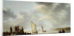 Painting of a River Landscape with Sailing Vessels, a Rowing Boat and Sportsmen on a Jetty by Aelbert Cuyp
