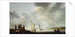 Painting of a River Landscape with Sailing Vessels, a Rowing Boat and Sportsmen on a Jetty by Aelbert Cuyp