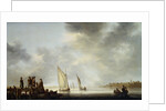 Painting of a River Landscape with Sailing Vessels, a Rowing Boat and Sportsmen on a Jetty by Aelbert Cuyp