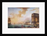 Painting of Morning, a Capriccio of the Embarking of a Ship from Marseille by Charles F. Lacroix de Marseille