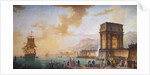 Painting of Morning, a Capriccio of the Embarking of a Ship from Marseille by Charles F. Lacroix de Marseille