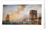 Painting of Morning, a Capriccio of the Embarking of a Ship from Marseille by Charles F. Lacroix de Marseille