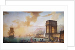 Painting of Morning, a Capriccio of the Embarking of a Ship from Marseille by Charles F. Lacroix de Marseille