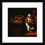 Painting of an Old Woman Making Lace in a Kitchen by Nicolaes Maes