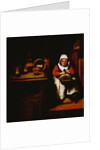 Painting of an Old Woman Making Lace in a Kitchen by Nicolaes Maes