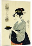 A Half-Length Portrait of Naniwaya Okita, Depicting the Famous Teahouse Waitress Serving a Cup of Tea by Utamaro