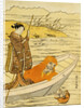 Daruma Shaving in a Boat, Watching His Reflection in the Stream, a Beauty Poling the Boat by Harunobu