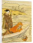 Daruma Shaving in a Boat, Watching His Reflection in the Stream, a Beauty Poling the Boat by Harunobu