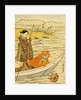 Daruma Shaving in a Boat, Watching His Reflection in the Stream, a Beauty Poling the Boat by Harunobu